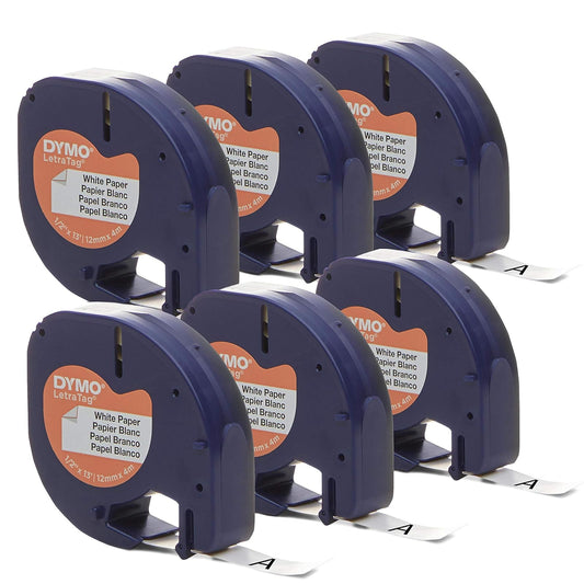 DYMO - Cinta de etiquetado de papel para etiquetadoras LetraTag (12 mm), impresión negra en cinta blanca, 6 unidades