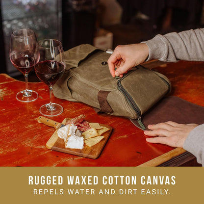 Picnic Time - Bolsa de Vino aislada de 2 Botellas con Tabla de Queso y Juego de Cuchillos, Bolsa de Picnic para Vino, Lona Encerada Envejecida, (Verde Caqui con Detalles café)