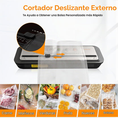 MEGAWISE Selladora al vacío con cortador, modos Dry y Moist, 10 bolsas | 80 kPa, VAC SEAL automático, VAC PULSE/STOP manual, ajustes Thin, Medium y Thick, manguera para recipientes compatible