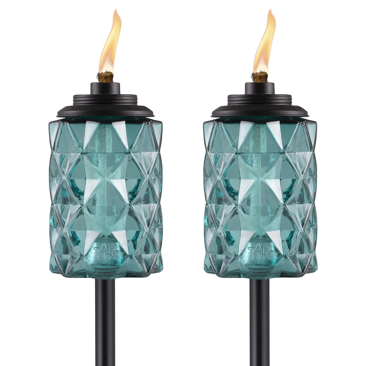 TIKI - Linternas TIKI de vidrio azul topacio - Linternas decorativas para exteriores, 65 pulgadas para patio, patio trasero y jardín, fácil de instalar, resistente a la intemperie, con mecha y