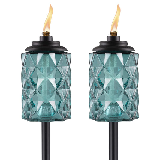 TIKI - Linternas TIKI de vidrio azul topacio - Linternas decorativas para exteriores, 65 pulgadas para patio, patio trasero y jardín, fácil de instalar, resistente a la intemperie, con mecha y