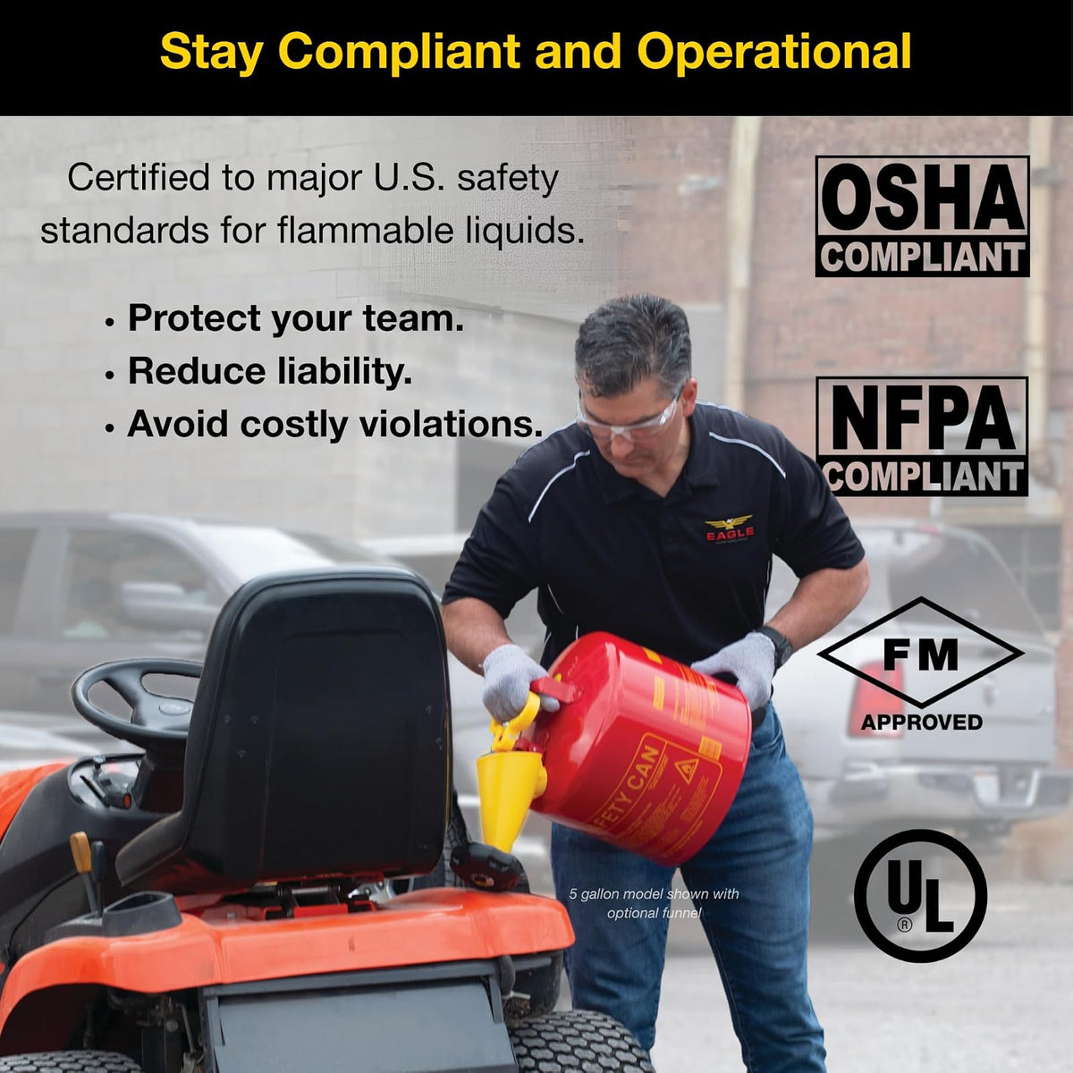 Eagle UI-10-FS Red Galvanized Steel Type I Gasoline Safety Can with Funnel, 1 gallon Capacity, 8" Height, 9" Diameter