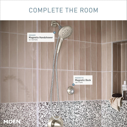 Moen 186117SRN - Base de mando a distancia para duchas de mano Magnetix con soporte de pared incluido o opciones de calcomanía permanente impermeable, resistente a los puntos de níquel cepillado