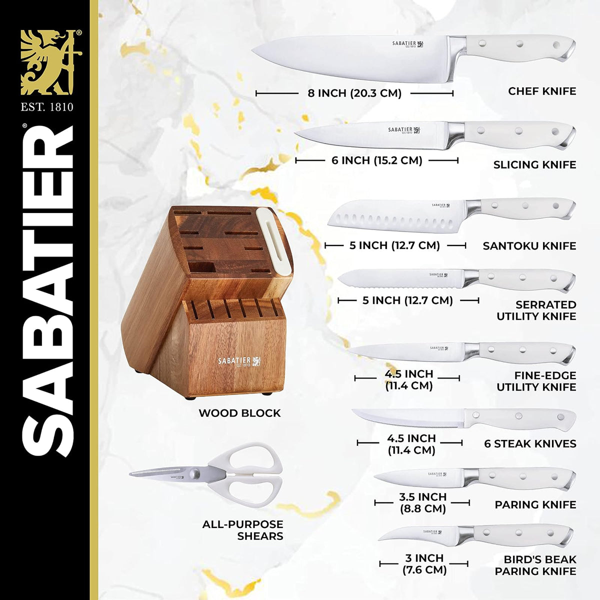 Sabatier Juego de 15 Cuchillos Forjados Edgekeeper | Con afilador integrado, acero inoxidable de alto carbono, bloque de acacia, color blanco