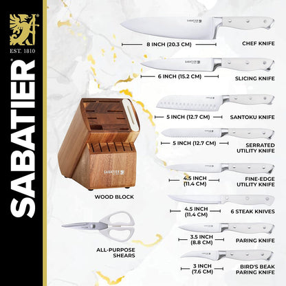 Sabatier Juego de 15 Cuchillos Forjados Edgekeeper | Con afilador integrado, acero inoxidable de alto carbono, bloque de acacia, color blanco