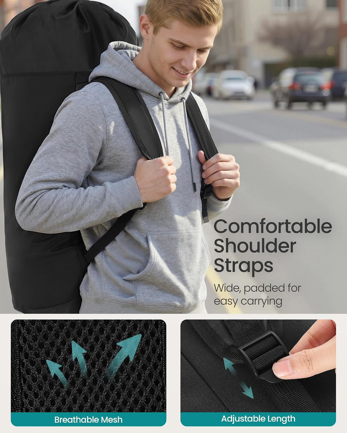 SONGMICS - Bolsa de lavandería, mochila de lavandería de 31.7 galones (120 l), resistente, grande con parte superior extensible, tela Oxford, correas anchas para los hombros y bolsillo con solapa
