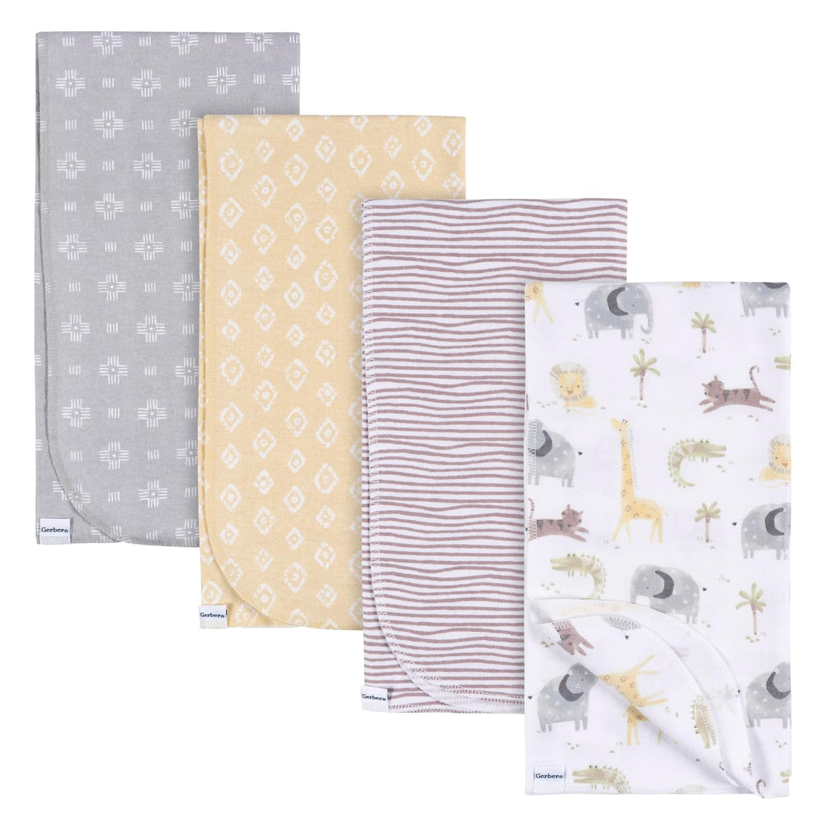 Gerber Mantas Receptoras de Franela 100% Algodón, 30x30 Pulgadas, Paquete de 4 - Una talla - Animales + Geos neutros