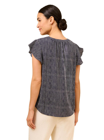 Adrianna Papell - Blusa con Mangas voladas para Mujer, Rayas onduladas Azul Marino, Large