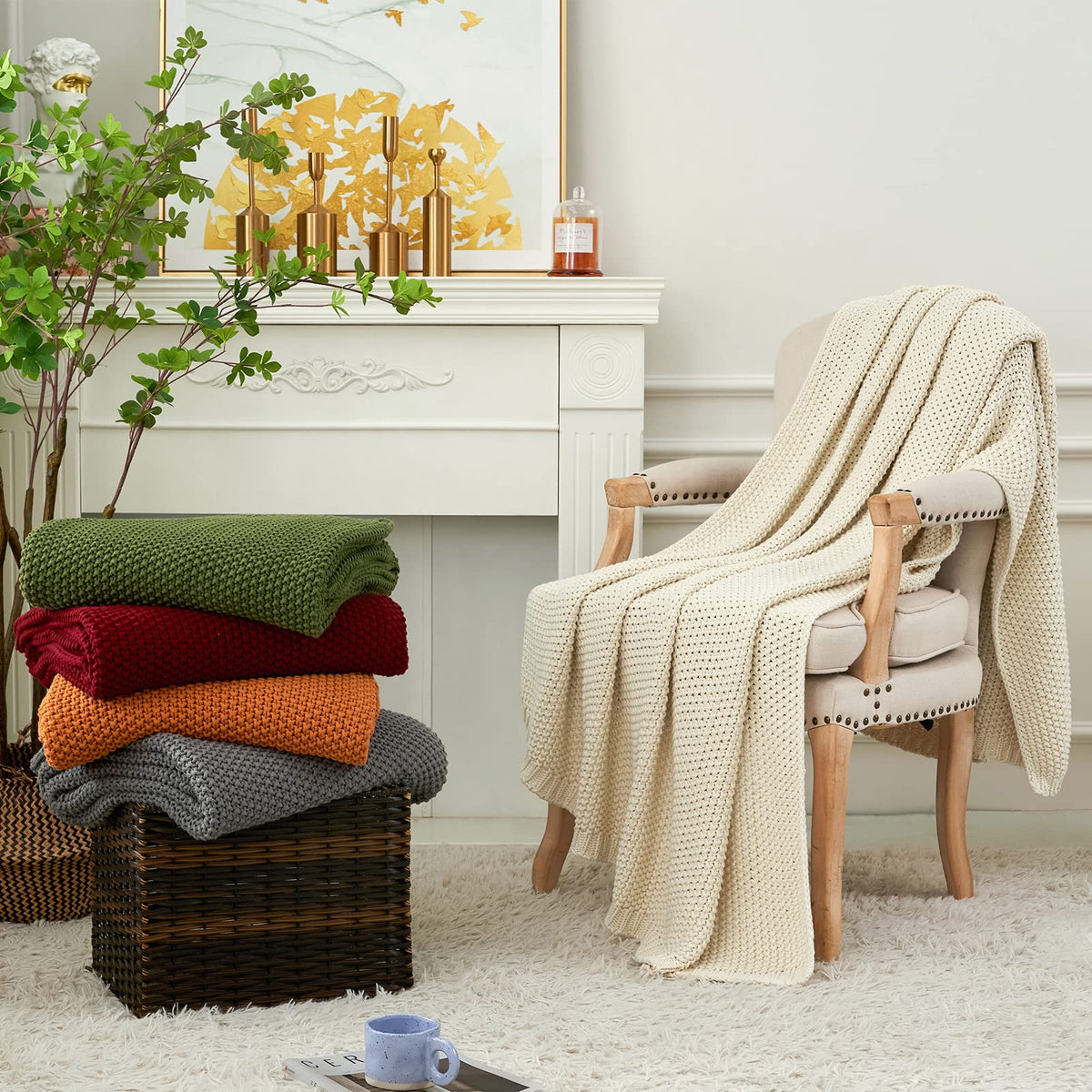 Longhui bedding - Cobija de punto trenzado grueso, ligera, 100 % algodón orgánico, para sofá, cama y guardería, estilo rústico, elegante y moderno, verde oliva, 129.54 x 160.02 cm, bolsa de lavado