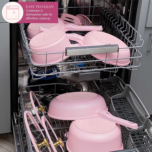 Paris Hilton - Juego de utensilios de cocina antiadherentes de cerámica de aluminio fundido con revestimiento antiadherente de doble capa, perillas de corazón dorado, asas que se mantienen frescas,