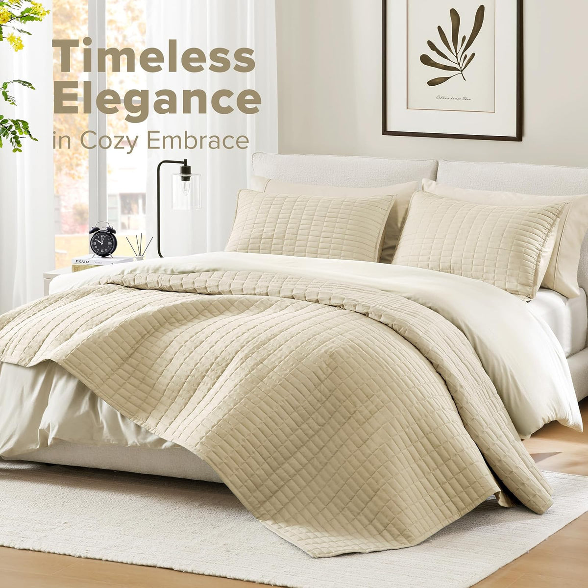 Comfort Spaces - Edredón Queen para todas las estaciones, colcha de color marfil con diseño de costura de doble cara, manta de verano suave a juego, colcha de la colección Kienna (102 x 118 pulgadas),