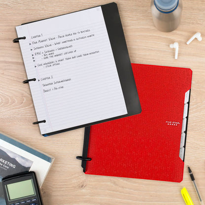 Five Star Flex - Cuaderno recargable + aplicación de estudio, papel rayado universitario, anillos TechLock de 1 pulgada, bolsillos, pestañas y divisores, capacidad de 200 hojas, el color variará