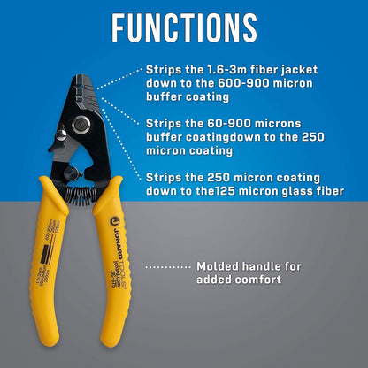Jonard Tools JIC-375 - Pelacables de fibra óptica de tres agujeros, tiras de 1.6-3.0 mm, tampón de 600-900 μm, revestimiento de 250 μm, herramienta de precisión con mandíbula angular y bloqueo de
