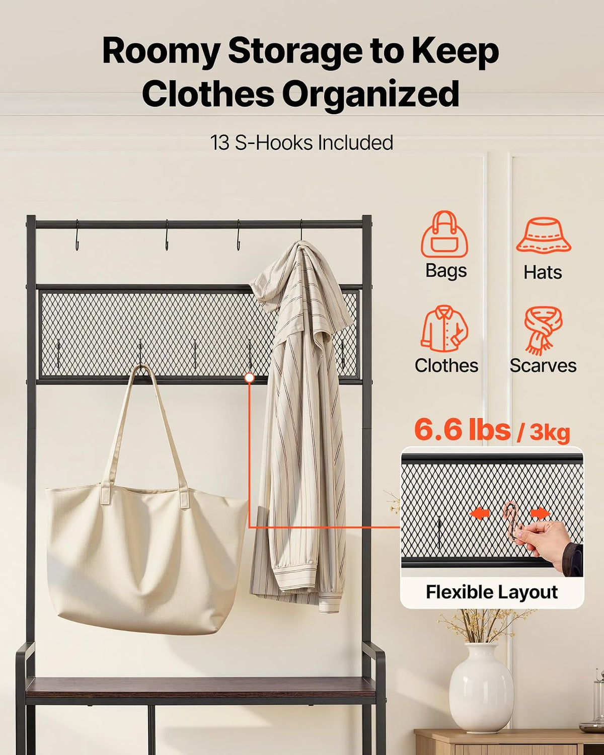 VEVOR Perchero de Pie 180 cm, Organizador de Ropa con Ganchos Bolsas Laterales Estantes de Almacenamiento, Recibidor de Entrada para Bolso Abrigo Calzado, Armario Abierto para Pasillo Dormitorio Salón