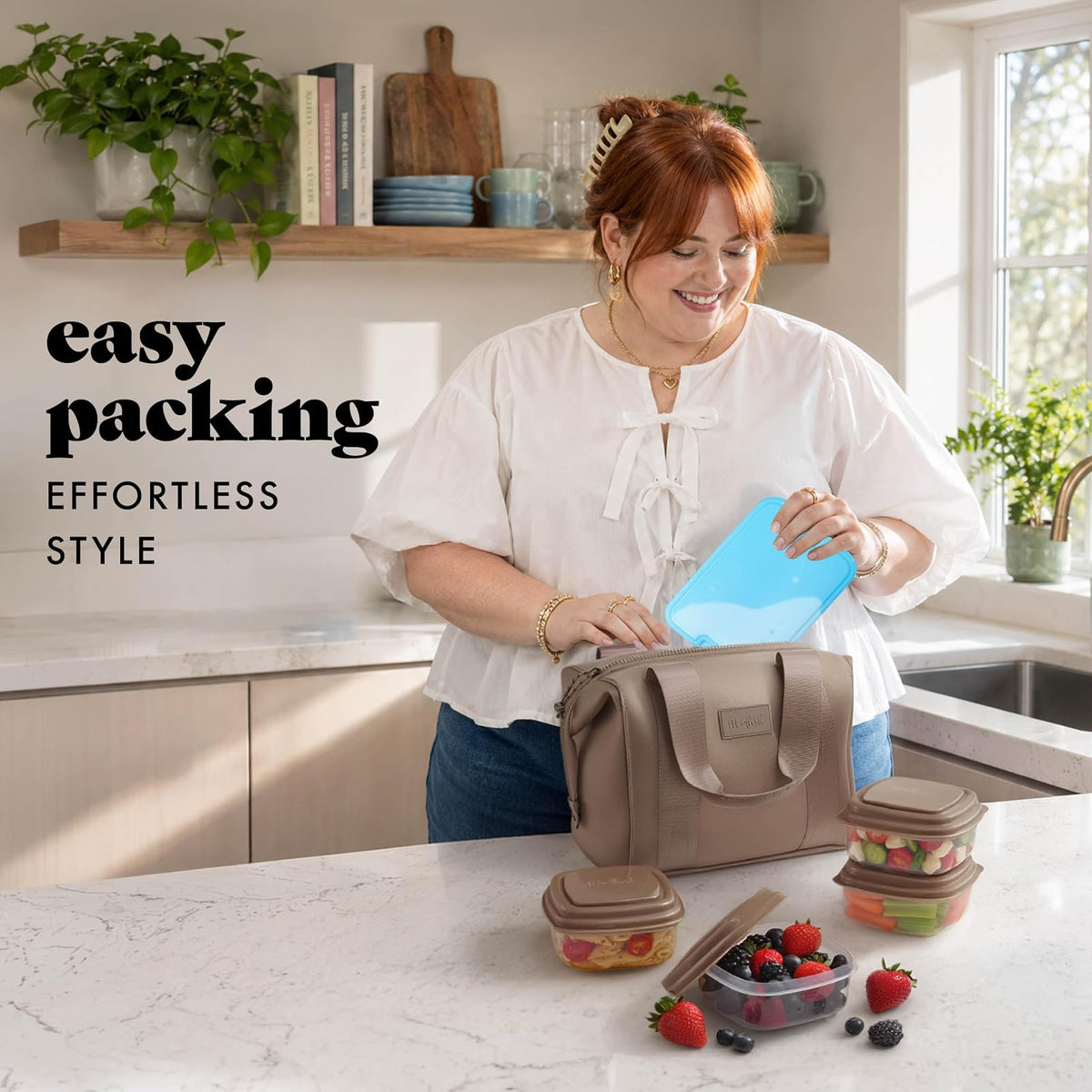 Fit & Fresh Remi - Bolsa de almuerzo de neopreno para mujer, kit de preparación de comidas con contenedores y paquete de hielo XL, material autoaislante, tipo neopreno, bolsa de almuerzo lavable a