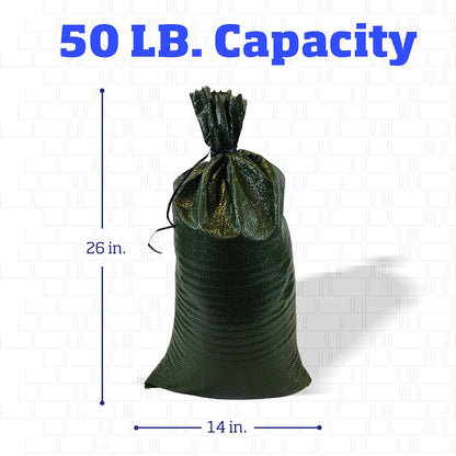 DURASACK Bolsas de arena resistentes con cuerdas de corbata, bolsas de arena de polipropileno tejidas vacías para control de inundaciones con 1600 horas de protección UV, capacidad de 50 libras, 14 x