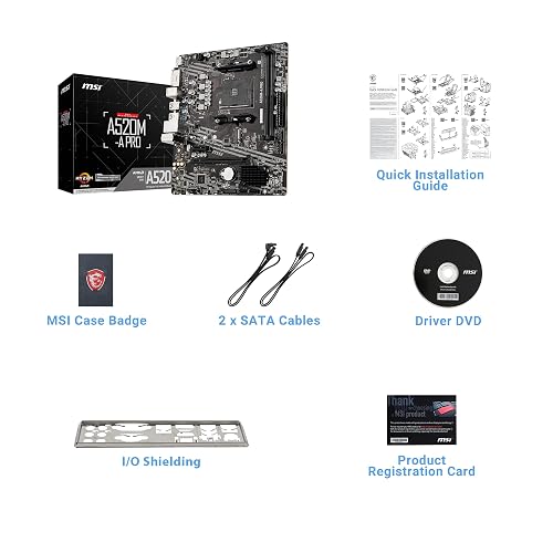 MSI - Tarjeta Madre -A520M-A PRO - MATX - Socket AM4 - Soporta memoria DDR4 hasta DDR4-4600 MHz (OC) MHz -HDMI - 2 DIMM, Memoria Máxima DDR4 (64 GB) - Para AMD