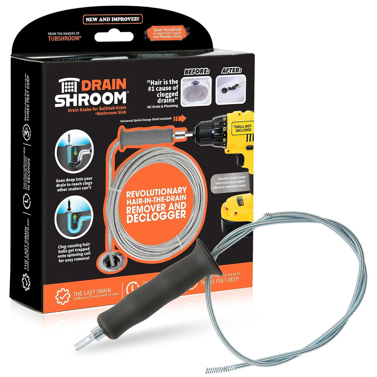 DrainShroom - Removedor revolucionario de Tina y Fregadero de Serpiente para desagües de baño, 42 Pulgadas, sin tamaño, Acero Inoxidable