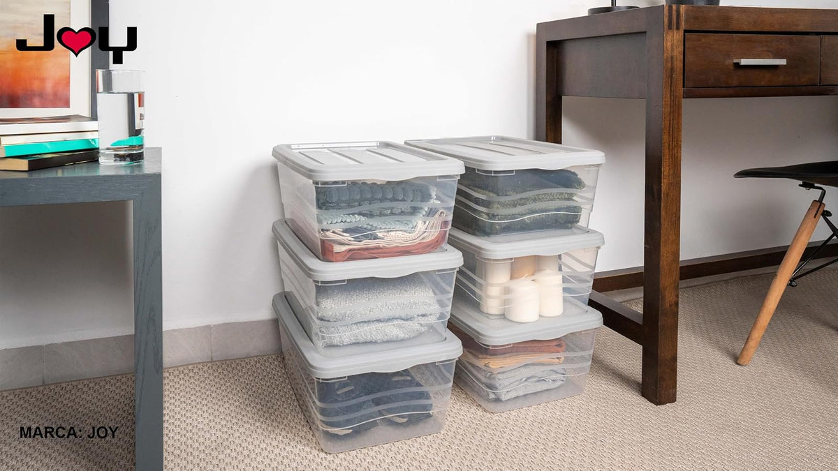 JOY Caja de almacenamiento de Plástico con Tapa, Paquete de 4, Capacidad de 16 Litros, Cajas Apilables para Organizar el Armario, Suministros Escolares (40x27x16 cm)