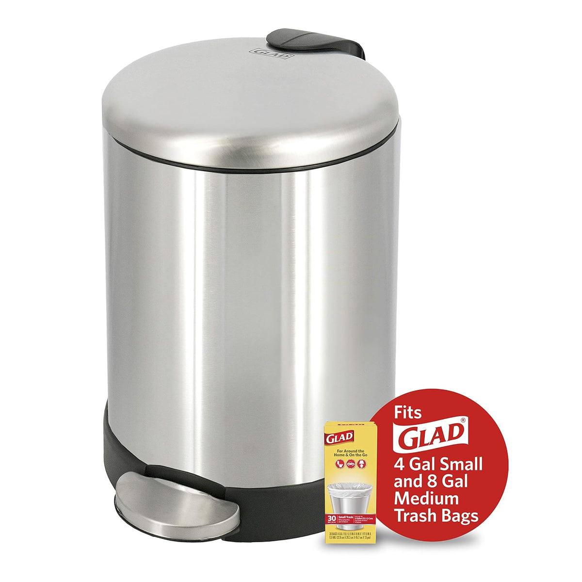 Glad Cubo de basura pequeño, 1.2 galones | Cubo de basura redondo de acero inoxidable con tapa de cierre suave y pedal de pie | Cesta de basura de metal con cubo interior extraíble, acero inoxidable