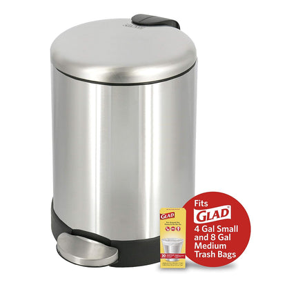 Glad Cubo de basura pequeño, 1.2 galones | Cubo de basura redondo de acero inoxidable con tapa de cierre suave y pedal de pie | Cesta de basura de metal con cubo interior extraíble, acero inoxidable