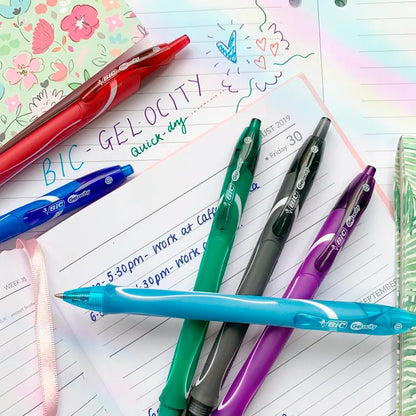 BIC, Bolígrafos de gel de secado rápido, Gelocity Quick Dry, punta ultrafina 0.7 mm, Paquete de 8 unidades, Surtido de colores, Plumas de gel retráctiles con grip cómodo