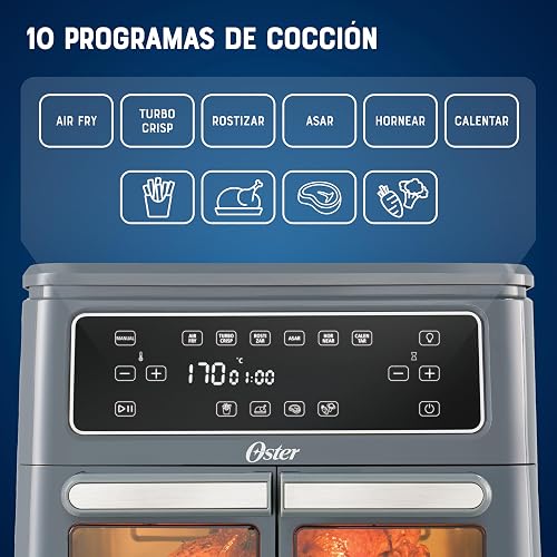 Oster Freidora de Aire Dual Flex, 2 Zonas de 5.5 L que se Adaptan a 11 L | Gran Capacidad, 10 Programas, Iguala y Sincroniza, Antiadherente Oster DiamondForce, 5 Accesorios Incluidos, CKSTAF11MCDDF