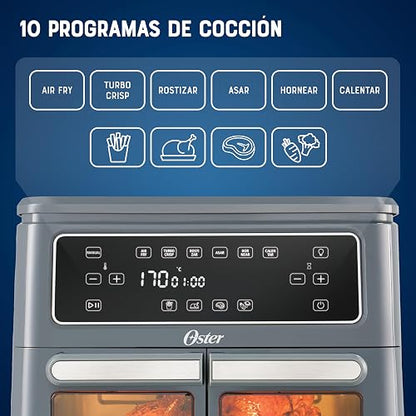 Oster Freidora de Aire Dual Flex, 2 Zonas de 5.5 L que se Adaptan a 11 L | Gran Capacidad, 10 Programas, Iguala y Sincroniza, Antiadherente Oster DiamondForce, 5 Accesorios Incluidos, CKSTAF11MCDDF