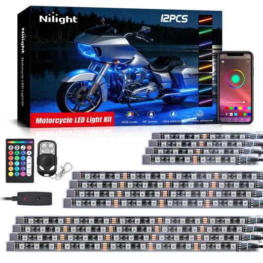 Nilight - Juego de 12 Luces LED RGB para Motocicleta, Impermeable, Multicolor, atmósfera de neón, aplicación y Control Remoto, Tiras de Debajo de la carrocería para Harley Davidson, Honda, Kawasaki,