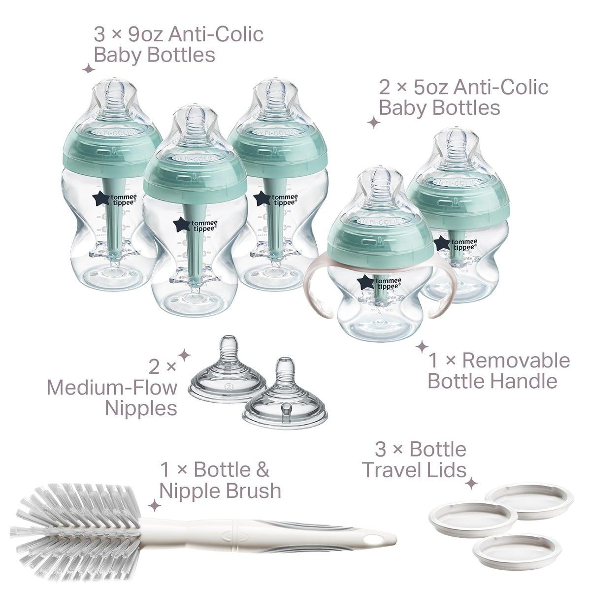 Tommee Tippee Set de Biberones Advanced Anticólicos, Recién Nacido 0m+ | 12 Piezas, Biberones 150ml y 260ml, Tetinas Tipo Pecho Flujo Lento y Medio, Asas, Cepillo, Mamila Libre de BPA