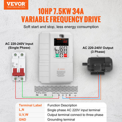 VEVOR Variador de Frecuencia 7,5 kW, Convertidor de Frecuencia 10 HP 34 A 0-400 Hz VFD con Entrada Monofásica, Salida Trifásica, Control de Velocidad, Enfriamiento Rápido, para Motores de Máquinas