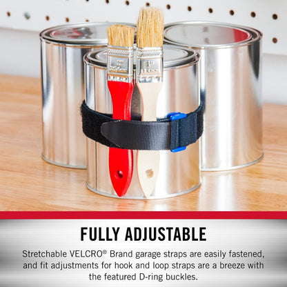 VELCRO Brand Garage Organization Correas elásticas de cincha, color negro | Correas reutilizables de 1 pulgada de ancho para agrupar postes y estacas, gestionar cables de herramientas eléctricas