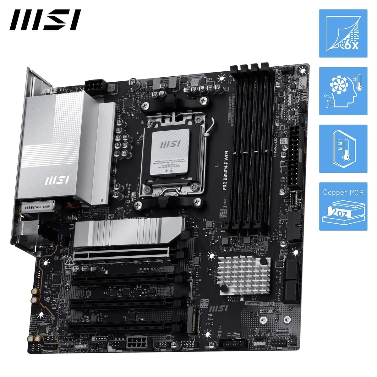 MSI Pro B850M-P WiFi Motherboard, ATX - Compatible con procesadores AMD Ryzen 9000/8000 / 7000, AM5 - DDR5 Memory Boost (8200+ MT/s OC), PCIe 5.0 x16 y 4.0 x16, M.2 Gen5, Wi-Fi 7, 5G LAN