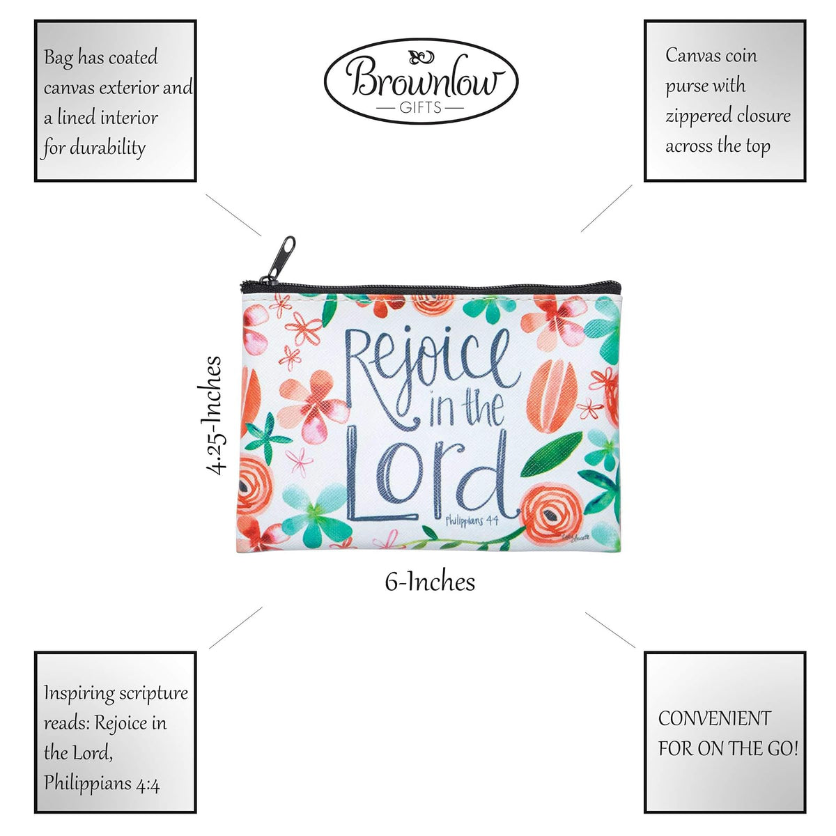 Brownlow Gifts Simple Inspirations - cartera de lona con cierre, 6 x 4.25 pulgadas, Regoice In The Lord