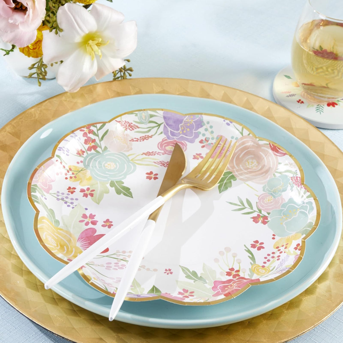 Kate Aspen Garden Blooms 9 pulgadas Platos de papel decorativos de alta calidad | Suministros de fiesta (350 g/m² de peso, juego de 16) - Perfecto para bodas, brunch de novia, baby shower