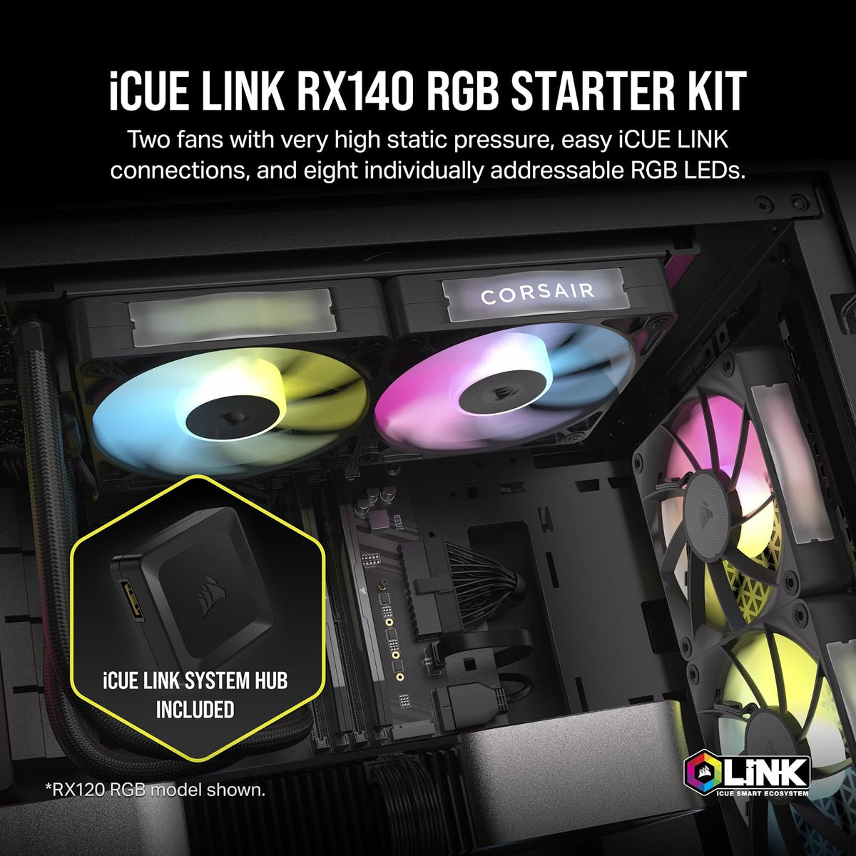 CORSAIR iCUE Link RX140 Ventiladores PWM RGB de 140 mm con iCUE Link System Hub - Rodamiento de Cúpula Magnética - Paquete Doble - Negro