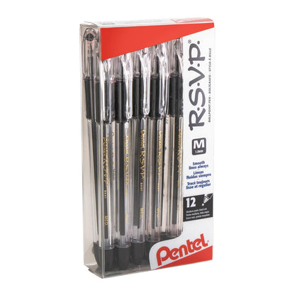 Pentel R.S.V.P. Bolígrafo, Punta Fina y Media, Caja con 12 Piezas - 12 Count (Pack of 1) - Punta media de 1,0 mm - Negro -