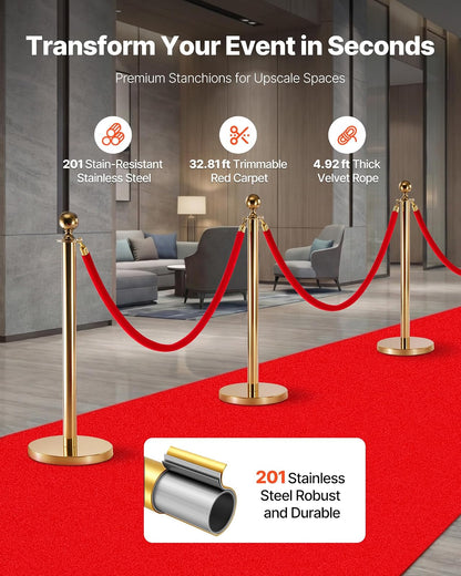 VEVOR Poste Guía de Barrera 8 Piezas con 6 Cuerdas de Terciopelo y Alfombra Roja, Barrera de Marcado de Control con Base, para Cola de Separación de Demarcación en Teatro Hotel Exposición, Dorado