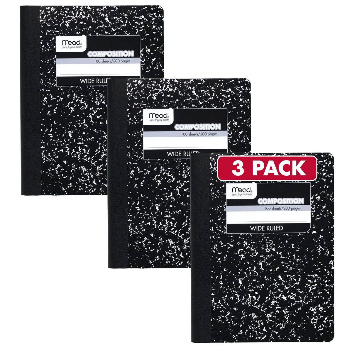 Mead Cuaderno de Composición Cuadrado, 100 Hojas, Negro, Paquete de 3 - Wide Ruled - Paquete de 3