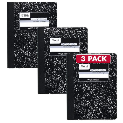 Mead Cuaderno de Composición Cuadrado, 100 Hojas, Negro, Paquete de 3 - Wide Ruled - Paquete de 3