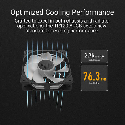 ASUS TUF Gaming TR120 ARGB Reverse Triple Pack Black Edition 120 mm Ventiladores (marco de 28 mm, presión estática a 2,75 mm H2O, flujo de aire 76,3 CFM, matriz LED de doble capa, sincronización Aura)