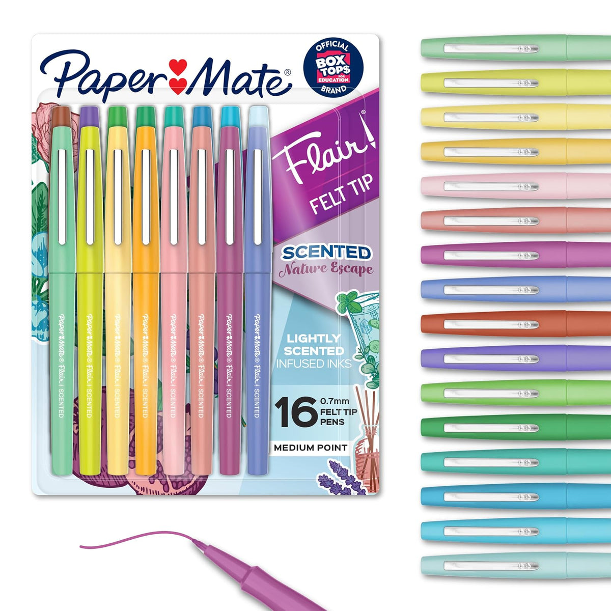 Paper Mate Flair Nature Escape - Bolígrafos de punta de fieltro perfumados, punta media (0.7 mm), colores surtidos, 16 unidades, perfectos para diario, escritura, colorear, suministros para profesores