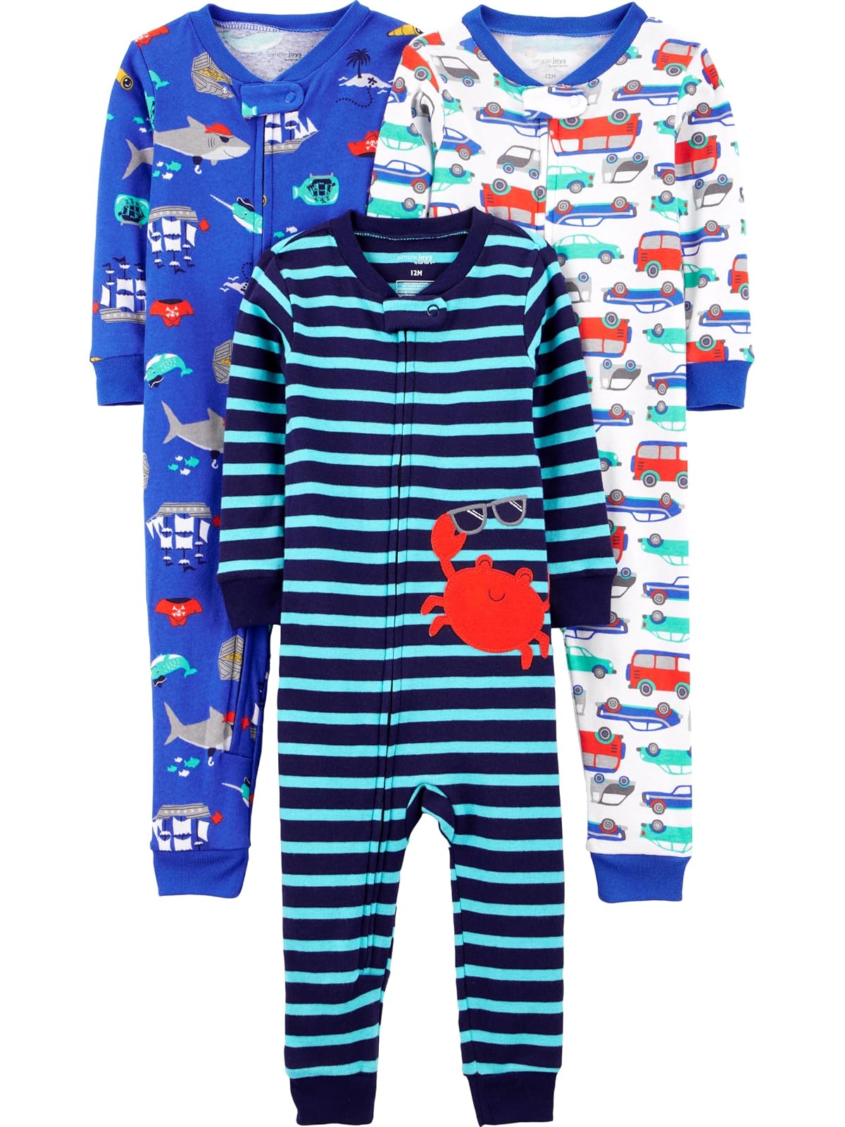 Carter's Simple Joys Paquete de 3 Pijamas sin Pies para Bebé - Blue Sea Life - Navy Stripe - White Cars - 18 Meses