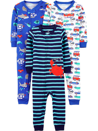 Carter's Simple Joys Paquete de 3 Pijamas sin Pies para Bebé - Blue Sea Life - Navy Stripe - White Cars - 18 Meses