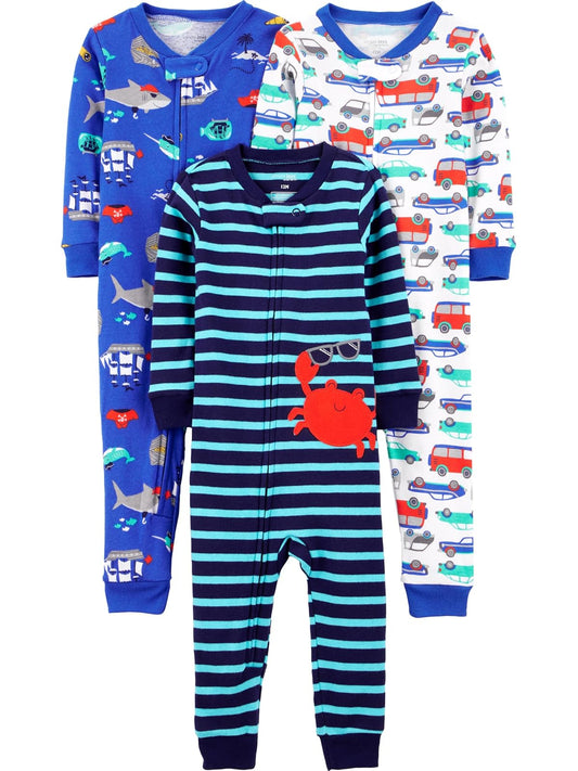 Carter's Simple Joys Paquete de 3 Pijamas sin Pies para Bebé - Blue Sea Life - Navy Stripe - White Cars - 18 Meses