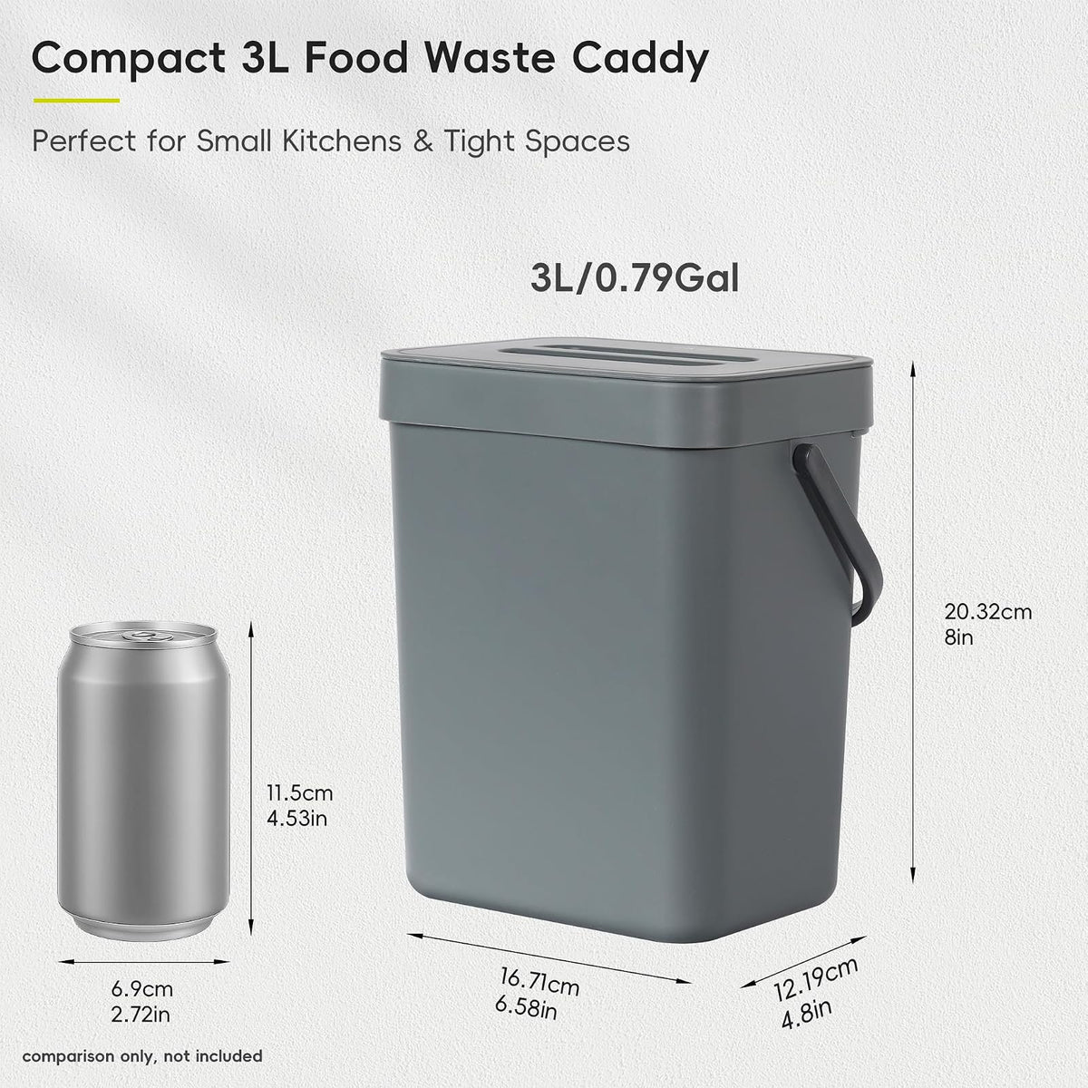 EKO Puro - Mini cubeta de basura para colgar en la pared con tapa, cubeta de compostaje de residuos de alimentos para interiores, 0.79 galones / 3L pequeño cubeta de basura para cocina (gris)