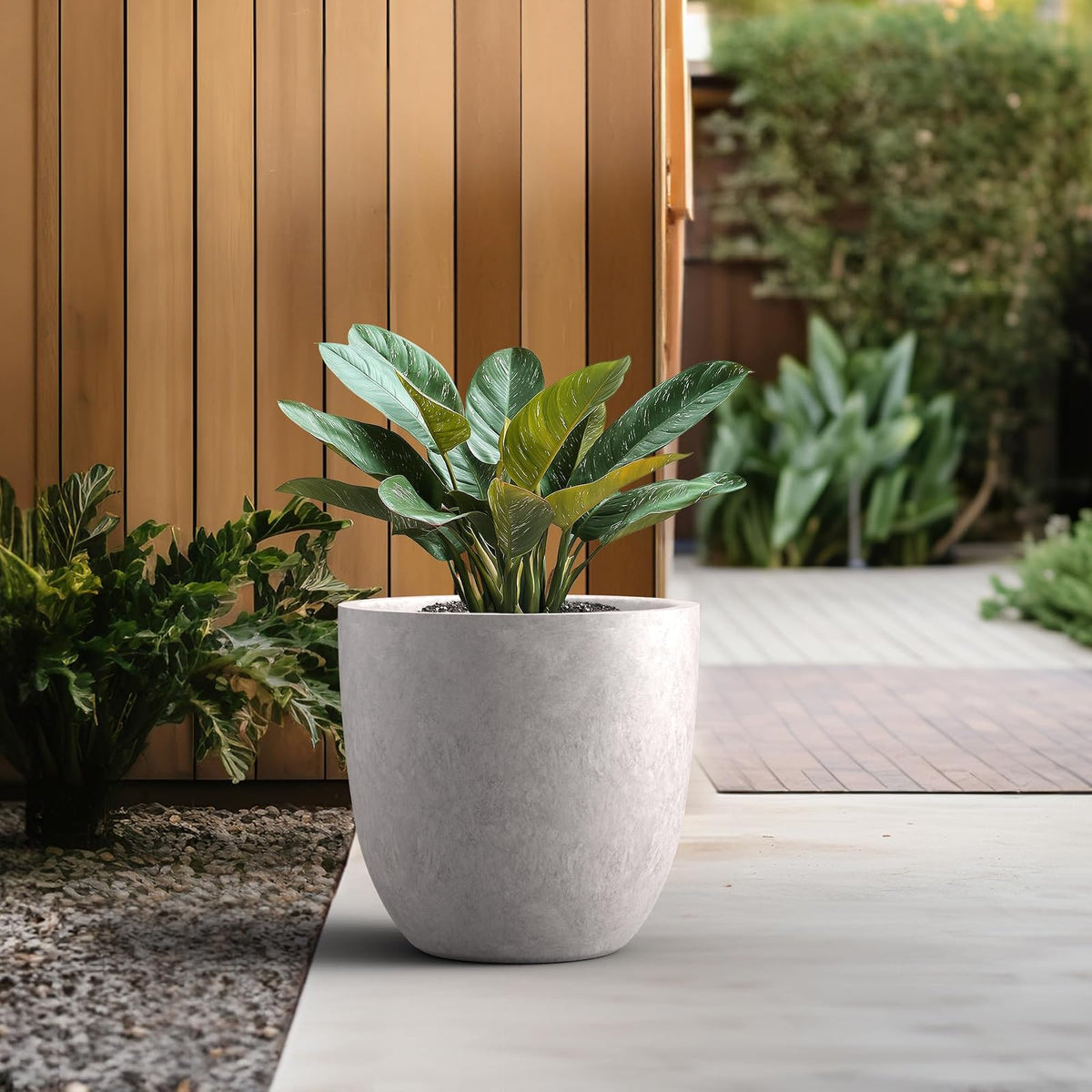 Kante - Maceta Redonda de hormigón de 18 Pulgadas de diámetro, Maceta Grande para Interiores y Exteriores, con Orificio de Drenaje y tapón de Goma para el hogar, Patio, jardín, Gris Claro