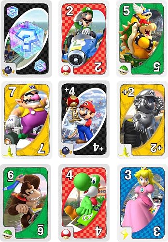 Juego de Cartas UNO de Mario Kart con 112 Cartas e Instrucciones (Idioma español no garantizado), para Jugadores de 7 años y más, Regalo para niños, Familia y Adultos
