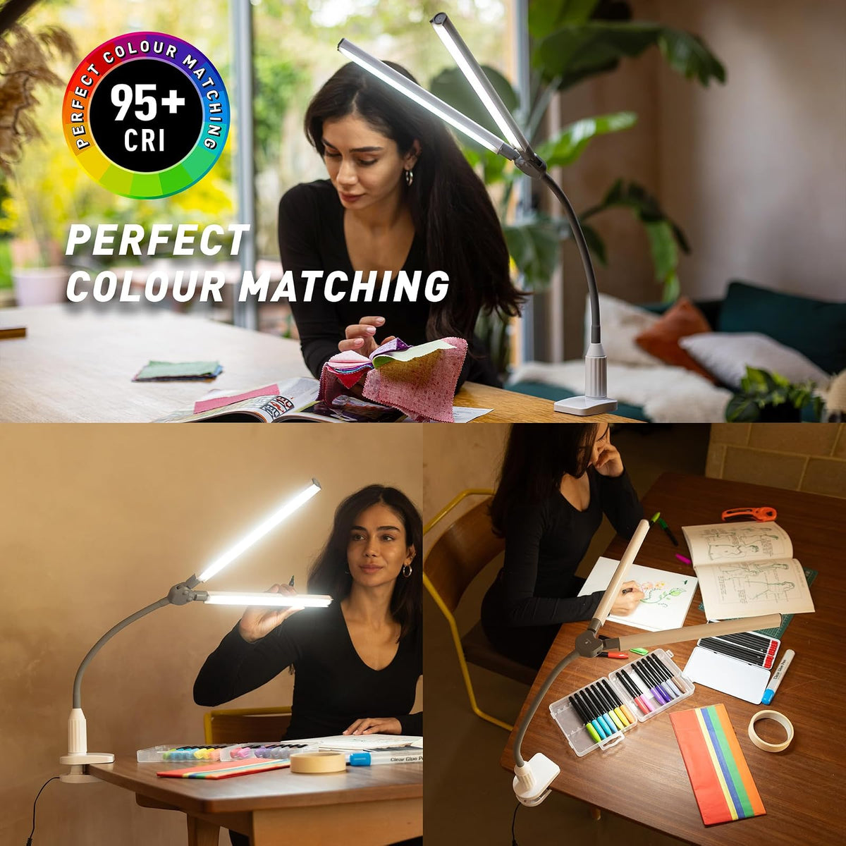 Daylight DuoPro - Lámpara LED con abrazadera – 6.000 K, 2.100 Lux a 12 pulgadas, 4 niveles de brillo, pantallas antirreflejos, brazo ajustable, diseño delgado, perfecto para costura, lectura,