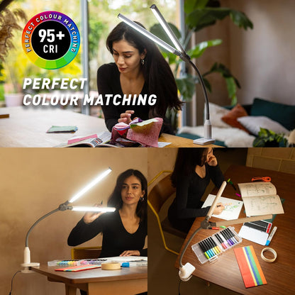 Daylight DuoPro - Lámpara LED con abrazadera – 6.000 K, 2.100 Lux a 12 pulgadas, 4 niveles de brillo, pantallas antirreflejos, brazo ajustable, diseño delgado, perfecto para costura, lectura,